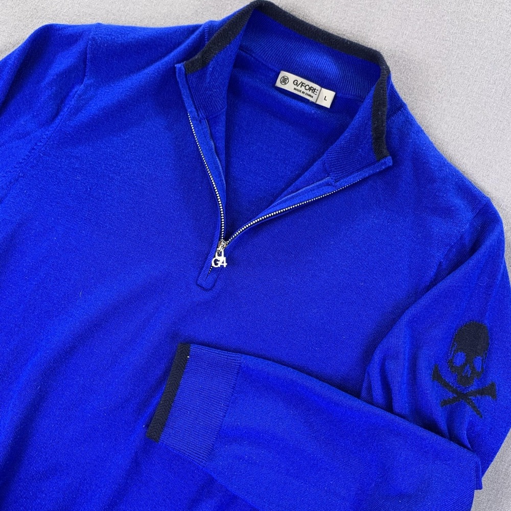 G/FORE Sweater Men LG Blue Wool 1/4 Zip Mock Neck Skull Graphic Golf Long Sleeve